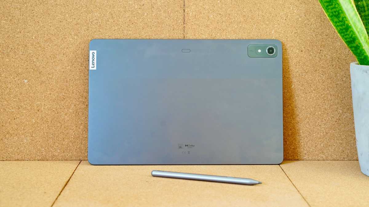 Lenovo Tab P12 with stylus by a plant