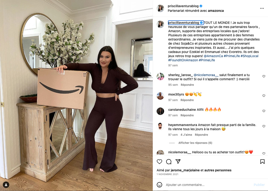 Promotion pour Amazon sur le compte Instagram de Priscilla Brosseau