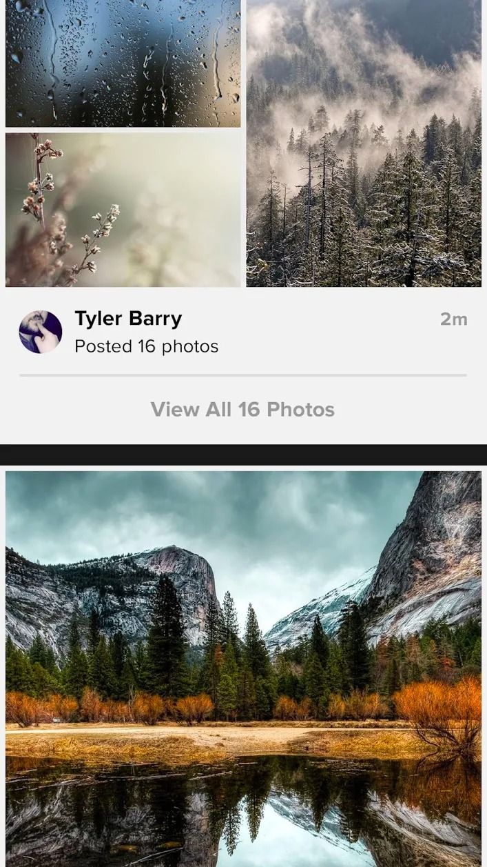 screenshot of flickr app homepage showing various outdoor photos in a grid pattern