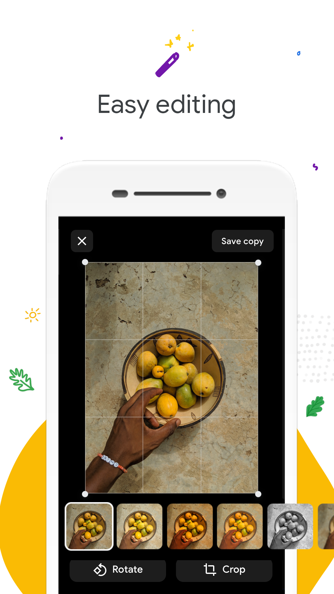 stylized phone on white and yellow background showing editing options for a photo of a bowl of fruit