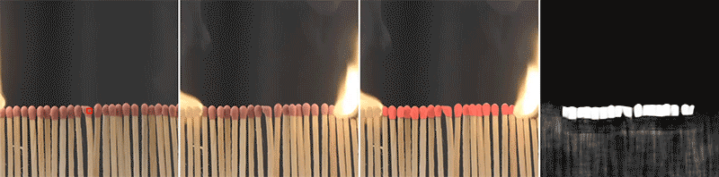 Four images shown horizontally row of matches. First, image still shows red dot on match tip in the center. Second and third images are animations of flame on opposite ends as they reach the center, but the third image shows the center matches blaze a bright red. Fourth, monochrome version animation is shown, with the flame barely visible in black background.