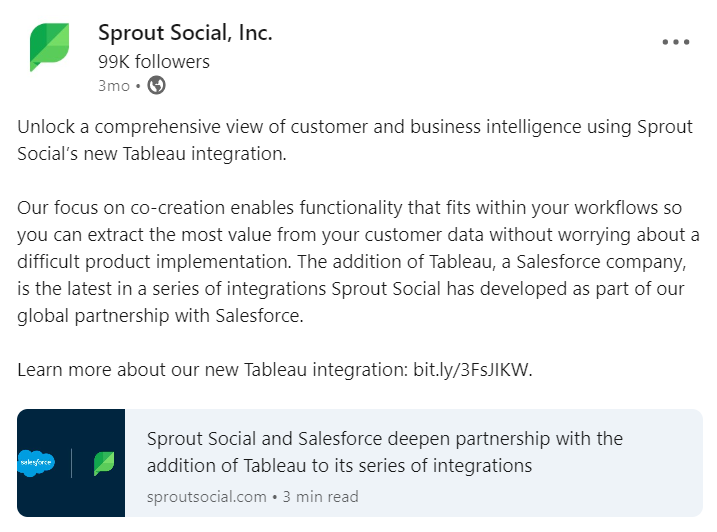 LinkedIn post featuring the new integration of Sprout Social with Tableau
