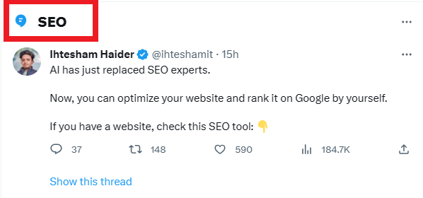 Screenshot of a Tweet that shows a recommend post on the Explore page with a keyword tag.