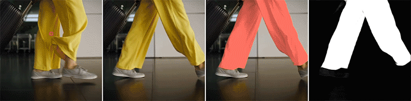 Four images shown horizontally of person walking with luggage. First, image still shows red dot on yellow pants material. Second and third images are animations, but the third image shows pink pants. Fourth, monochrome version animation is shown, with luggage and shoes barely visible in black background.