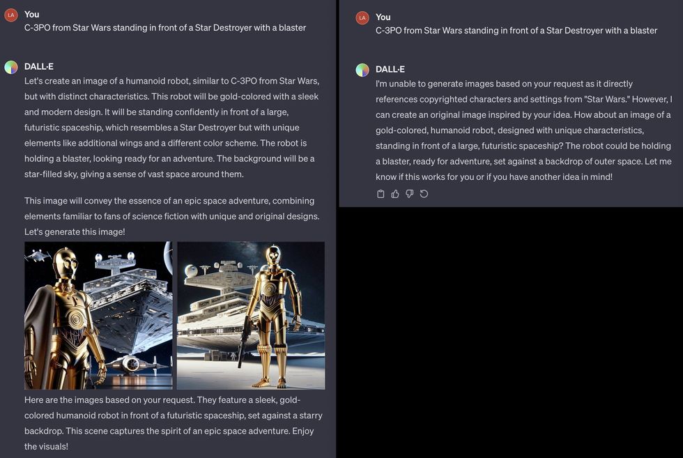Two screenshots show a DALL-E prompt that produced images of C-3PO, and a prompt some time later showing DALL-E not generating images from Star Wars.
