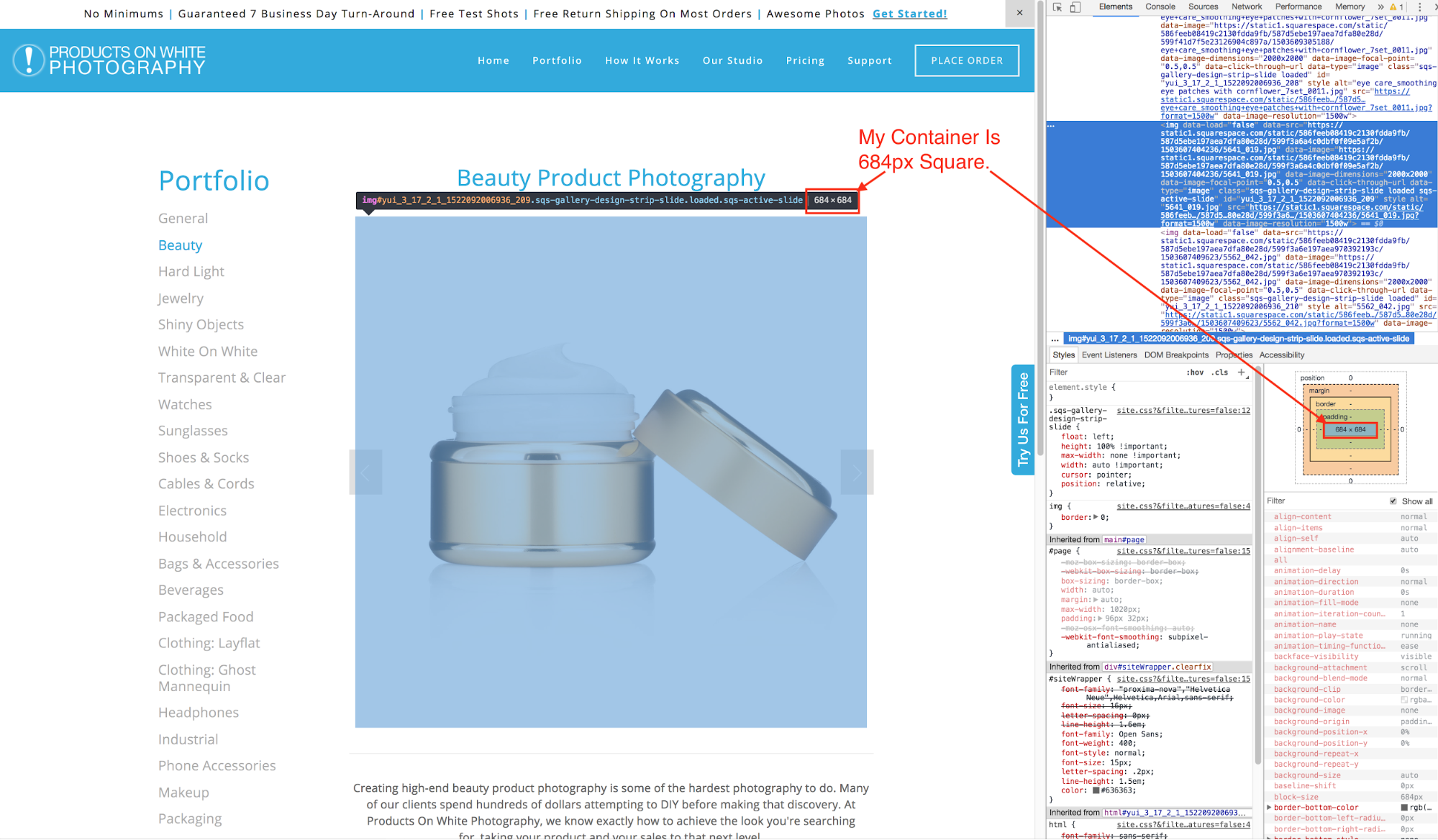 Screenshot of POW Product Photography website and container size