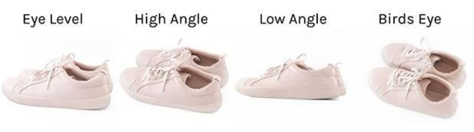 Four white background images of white sneakers at eye level, high angle, low angle, and birds eye