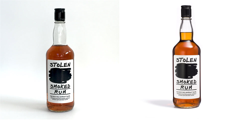 Two photos of Stolen Smoked Rum, one before edits and one after