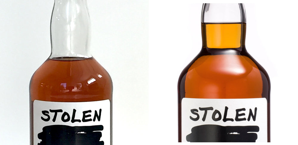 Two close-ups of Stolen Smoked Rum, one before edits and one after