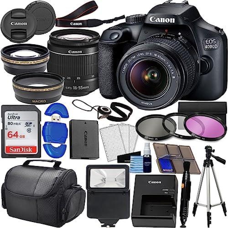 Canon EOS 4000D DSLR Bundle Review: HD Video + Wide Angle Lens + Telephoto Lens | 64GB Memory, Case, Tripod + More