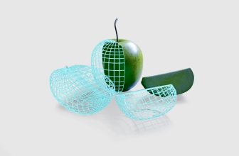 A green apple split into 3 parts on a gray background. Half of the apple is made out of a digital blue wireframe mesh.