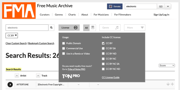 Free Music Archive electronic search results