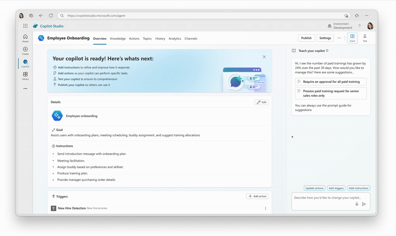 An animated GIF shows a demo of the “teaching” function in Copilot Studio